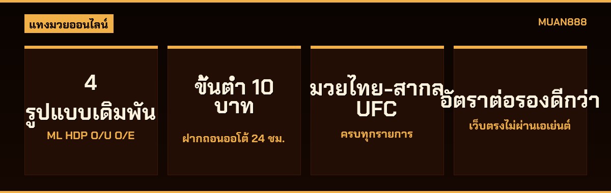 แทงมวยออนไลน์ 4 รูปแบบเดิมพัน ML HDP O/U O/E ขั้นต่ำ 10 บาท มวยไทยสากล UFC